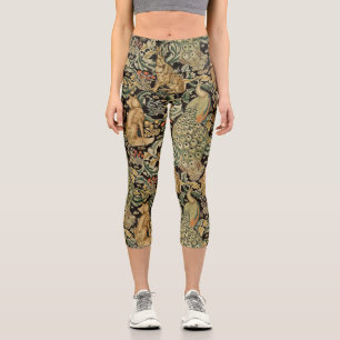 FOREST ANIMALS ,FOX, PEACOCK, HARE IN GREEN FLORAL CAPRI LEGGINGS