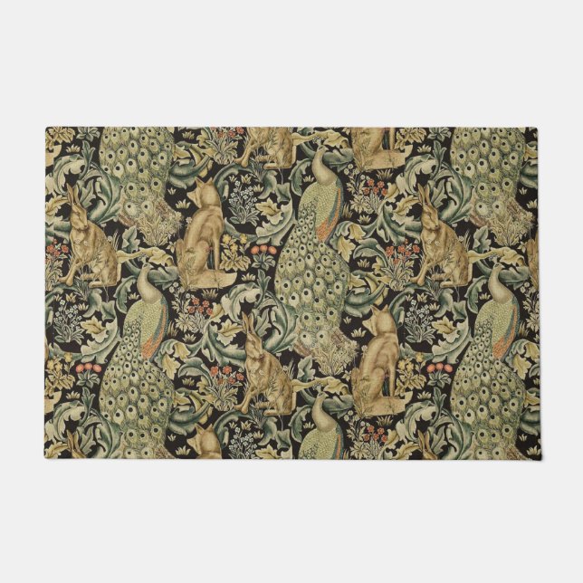 FOREST ANIMALS ,FOX, PEACOCK, HARE IN GREEN FLORAL DOORMAT (Front)