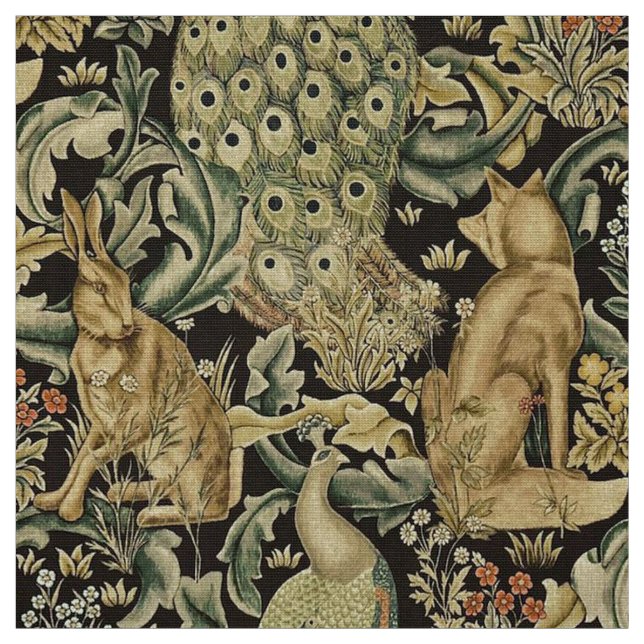 FOREST ANIMALS ,FOX, PEACOCK, HARE IN GREEN FLORAL FABRIC (Swatch)