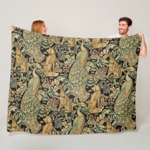 FOREST ANIMALS ,FOX, PEACOCK, HARE IN GREEN FLORAL FLEECE BLANKET