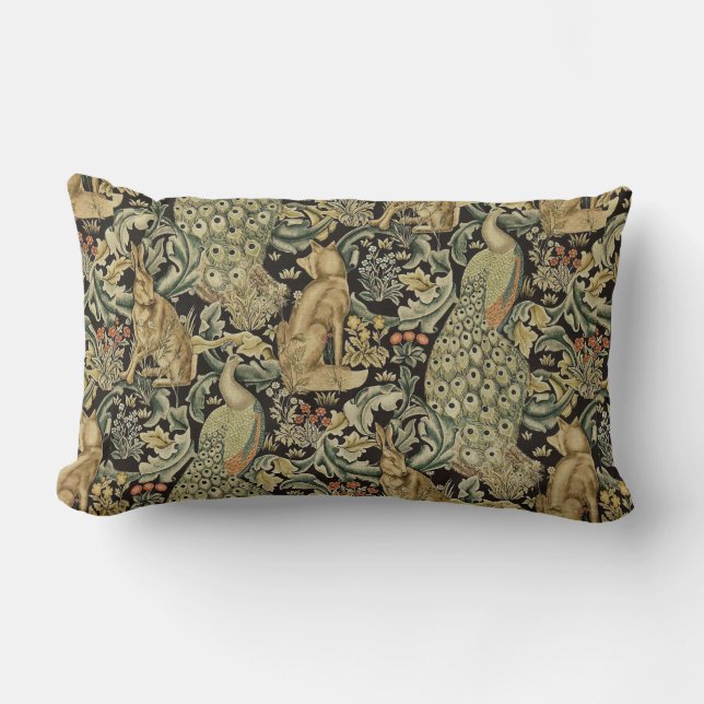 FOREST ANIMALS ,FOX, PEACOCK, HARE IN GREEN FLORAL LUMBAR CUSHION (Front)