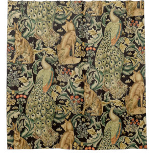 FOREST ANIMALS Fox ,Peacock, Hare In Green Floral Shower Curtain