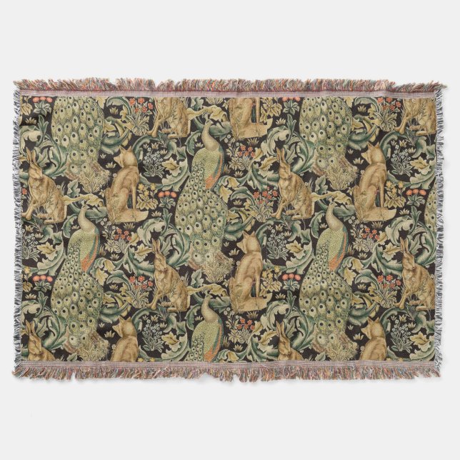 FOREST ANIMALS ,FOX, PEACOCK, HARE IN GREEN FLORAL THROW BLANKET (Front)