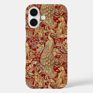 FOREST ANIMALS ,FOX, PEACOCK, HARE IN RED FLORAL iPhone 16 CASE