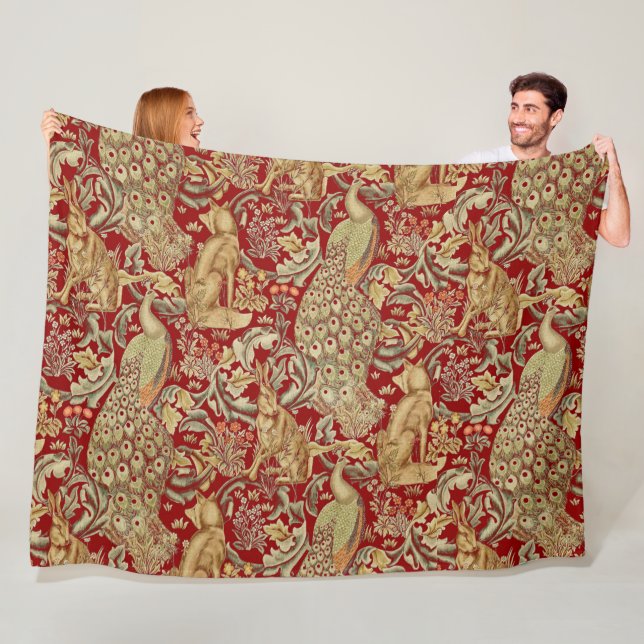 FOREST ANIMALS ,FOX, PEACOCK, HARE IN RED FLORAL FLEECE BLANKET (In Situ)