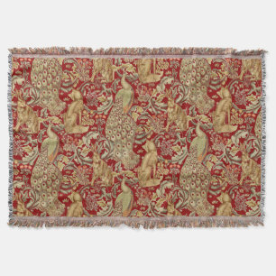 FOREST ANIMALS ,FOX, PEACOCK, HARE IN RED FLORAL THROW BLANKET