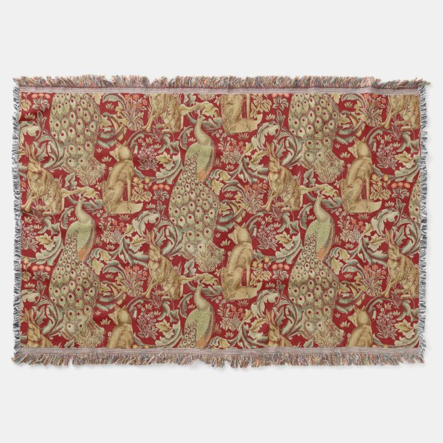 FOREST ANIMALS ,FOX, PEACOCK, HARE IN RED FLORAL THROW BLANKET (Front)
