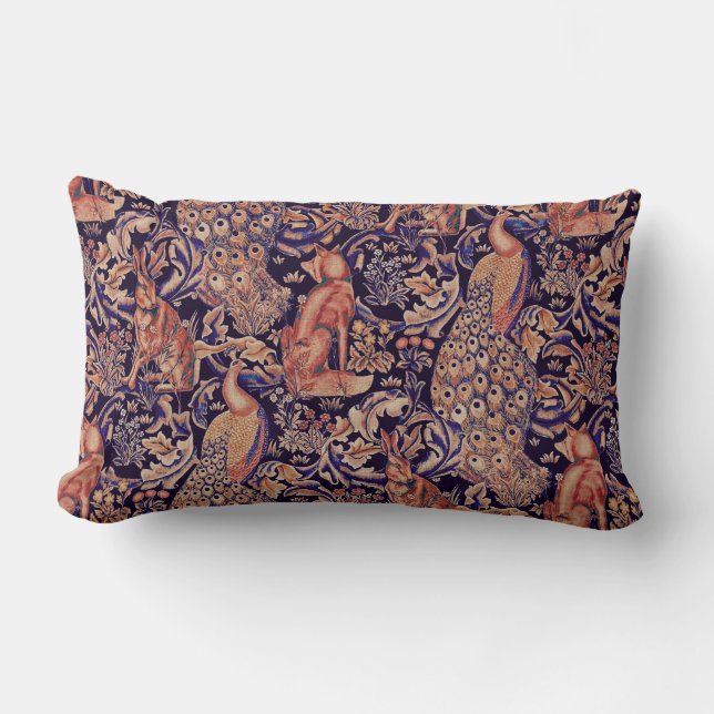 FOREST ANIMALS ,FOX,PEACOCK, HARE PINK BLUE FLORAL LUMBAR CUSHION (Front)