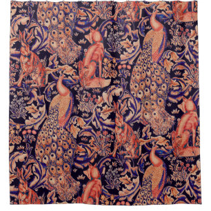 FOREST ANIMALS Fox,Peacock,Hare Pink Blue Floral  Shower Curtain