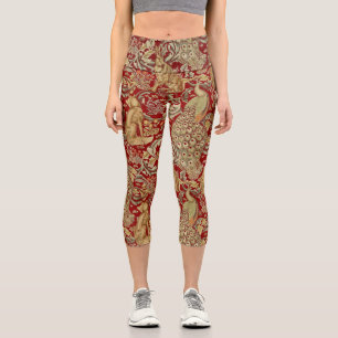 FOREST ANIMALS ,FOX, PEACOCK, HARE RED GOLD FLORAL CAPRI LEGGINGS