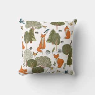Forest animals: foxes, birds pattern cushion