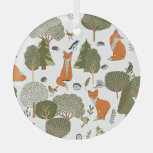 Forest animals: foxes, birds pattern glass tree decoration