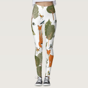 Forest animals: foxes, birds pattern leggings