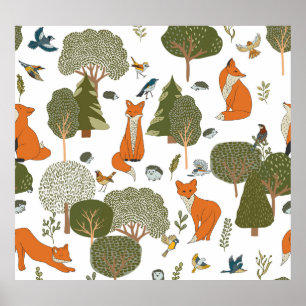 Forest animals: foxes, birds pattern poster
