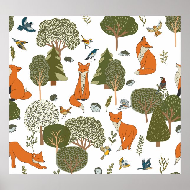 Forest animals: foxes, birds pattern poster (Front)