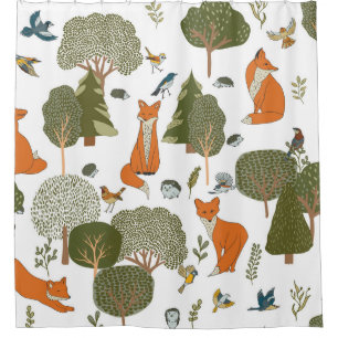 Forest animals: foxes, birds pattern shower curtain