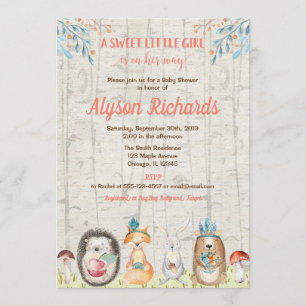Forest animals friends woodland girl baby shower invitation
