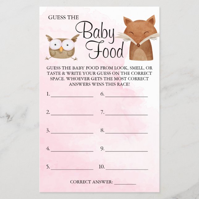 Forest Animals Guess Baby food shower game card (Front)