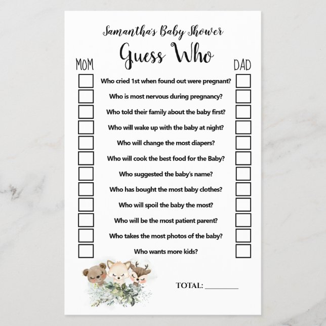 Forest Animals Guess Who Baby Shower Game Card (Front)