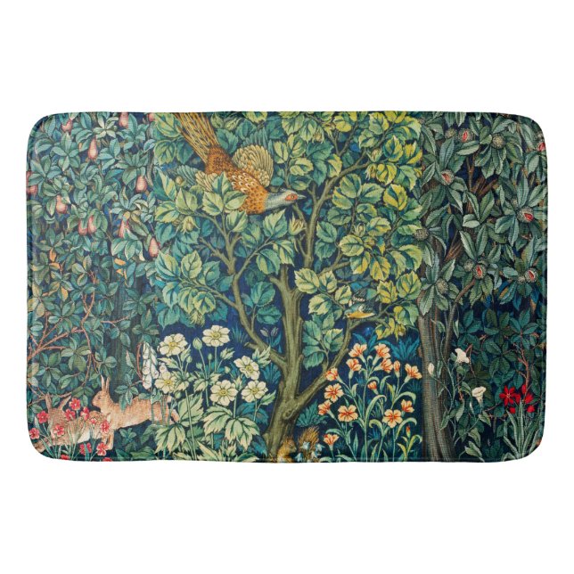 FOREST ANIMALS Hares,Pheasant Bird, Green Floral Bath Mat (Front)