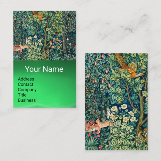 FOREST ANIMALS Hares,Pheasant Bird, Green Floral Business Card (Front/Back)