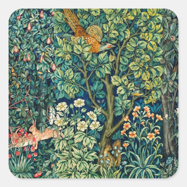 FOREST ANIMALS Hares,Pheasant Bird, Green Floral Square Sticker (Front)