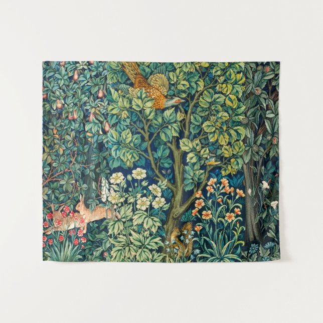 FOREST ANIMALS Hares,Pheasant Bird, Green Floral Tapestry (Front (Horizontal))
