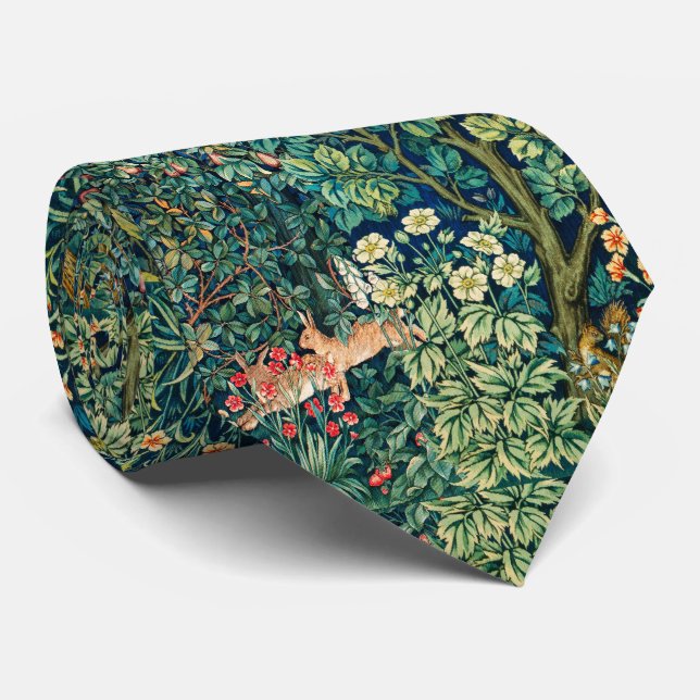 FOREST ANIMALS Hares,Pheasant Bird, Green Floral Tie (Rolled)