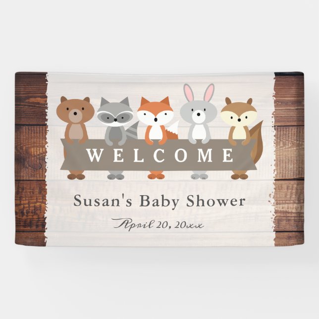 Forest Animals holding Banner, Baby Shower Welcome Banner (Horizontal)
