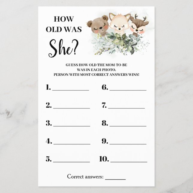 Forest Animals How old was She Baby Shower Card (Front)