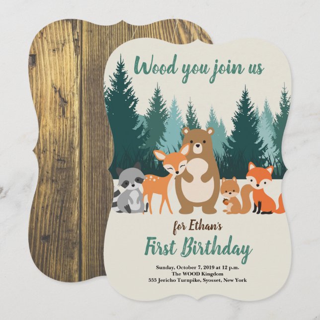 Forest Animals in the woods First Birthday Invitation (Front/Back)