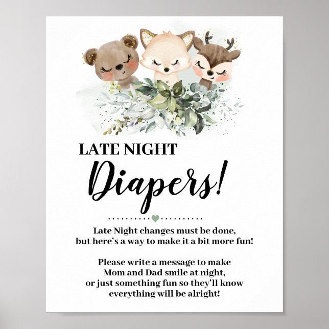 Forest Animals Late Night Diapers Baby Shower sign (Front)