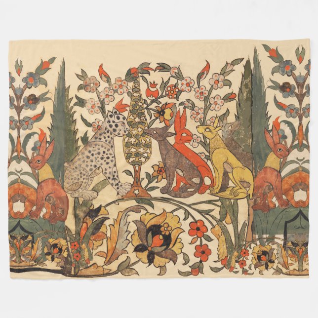 FOREST ANIMALS ,LEOPARD, JACKALS, RABBITS ,FLOWERS FLEECE BLANKET (Front (Horizontal))