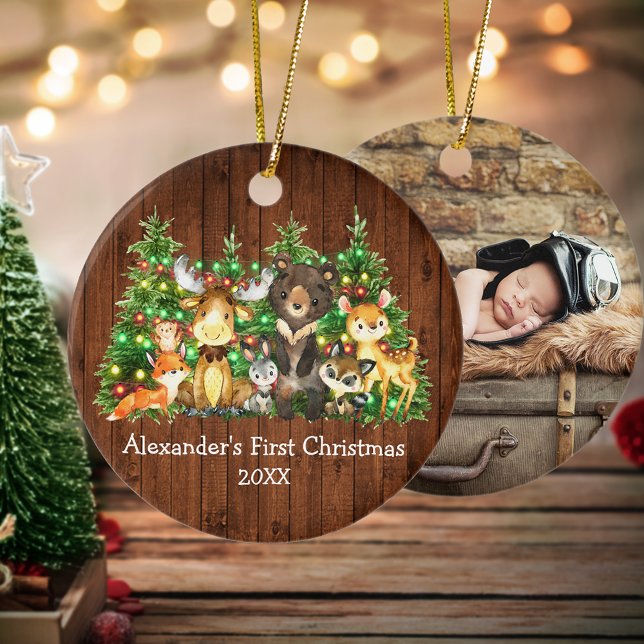 Forest Animals Lights Baby First Christmas PHOTO Ceramic Tree Decoration (Customize with name, year and photo on back.)