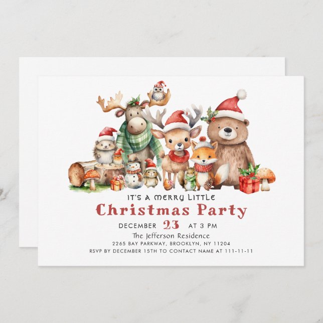 Forest Animals Merry Little Christmas Party Invitation (Front/Back)