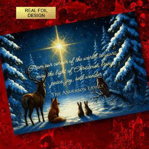 Forest Animals Mesmerised by the Christmas Star Foil Holiday Card