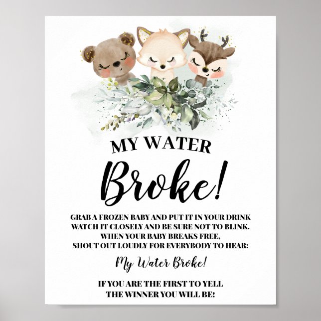 Forest Animals My Water Broke Baby Shower sign (Front)