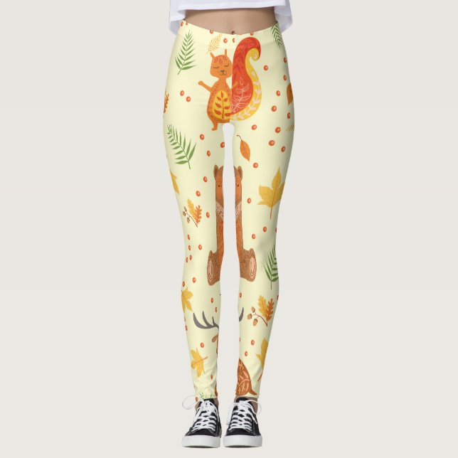 Forest Animals Ornamental Patterns Illustration Leggings (Front)