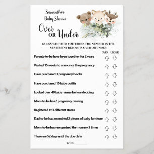 Forest Animals Over or Under Baby Shower Game card