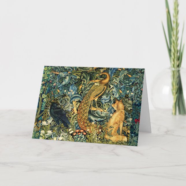 FOREST ANIMALS,PEACOCK AND FOX GREEN FLORAL HOLIDAY CARD (Front)