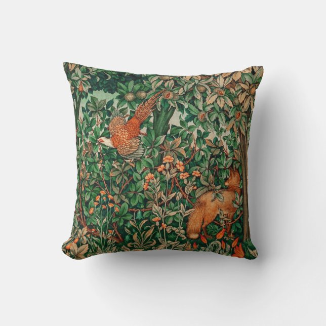 FOREST ANIMALS Pheasant and Red Fox,Green Floral Cushion (Front)