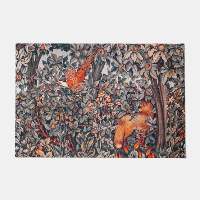 FOREST ANIMALS Pheasant,Fox,Black White Red Floral Doormat (Front)