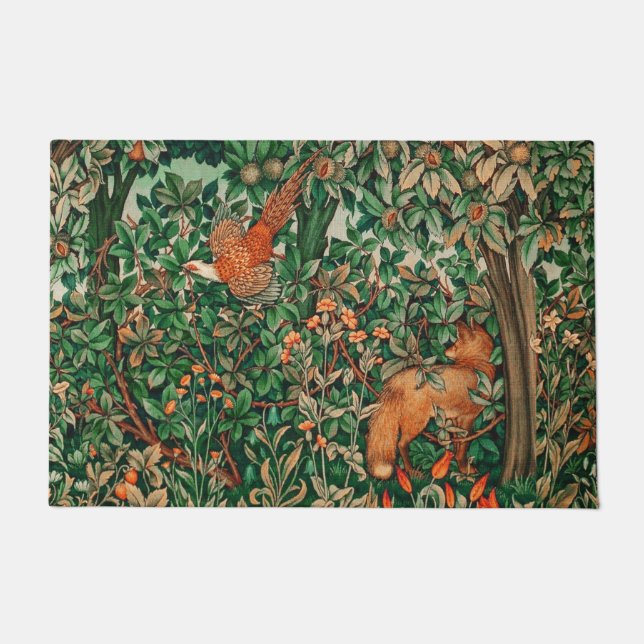 FOREST ANIMALS Pheasant Red Fox,Green Floral Doormat (Front)