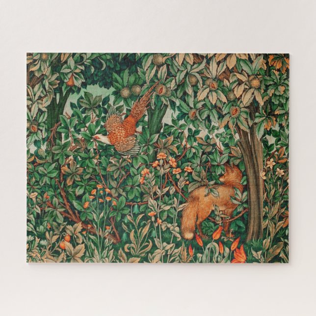 FOREST ANIMALS Pheasant Red Fox,Green Floral Jigsaw Puzzle (Horizontal)