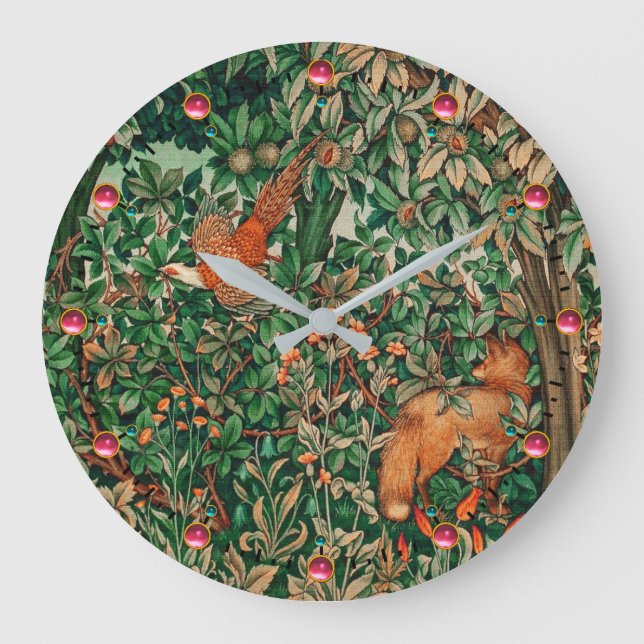 FOREST ANIMALS Pheasant Red Fox Green Floral Large Clock (Front)