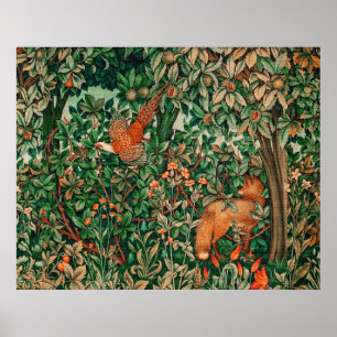 FOREST ANIMALS Pheasant Red Fox,Green Floral Poster