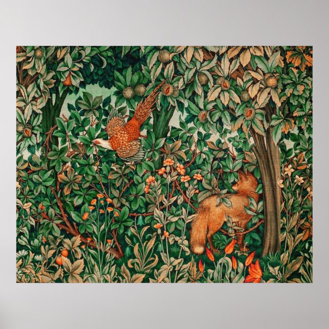 FOREST ANIMALS Pheasant Red Fox,Green Floral Poster (Front)