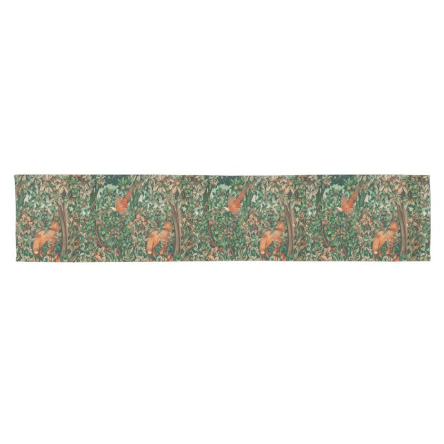 FOREST ANIMALS Pheasant,Red Fox,Green Floral Short Table Runner (Horizontal)