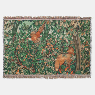 FOREST ANIMALS Pheasant ,Red Fox Green Floral Throw Blanket