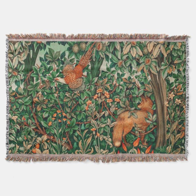 FOREST ANIMALS Pheasant ,Red Fox Green Floral  Throw Blanket (Front)